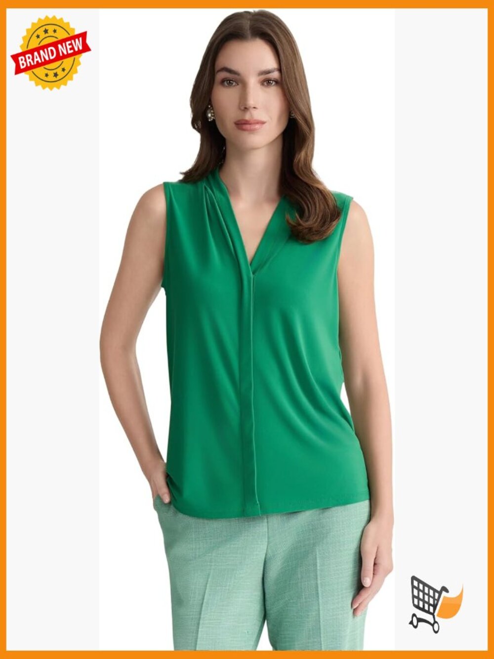 Sleeveless Pleat Neck Placket Front Top - ITY Knit Work Blouse